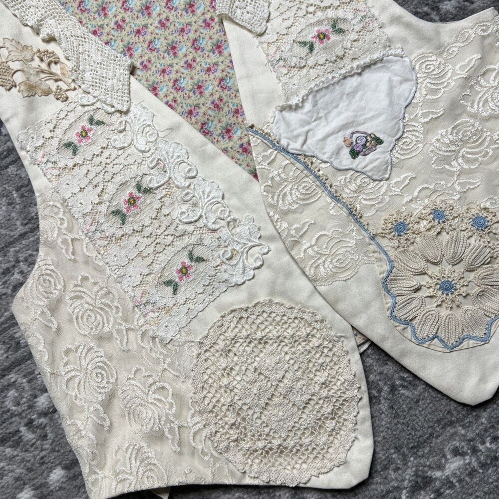 Vintage Patchwork Vest Doilies Cross Stitch Handmade Upcycle Large Cottagecore - Picture 3 of 8